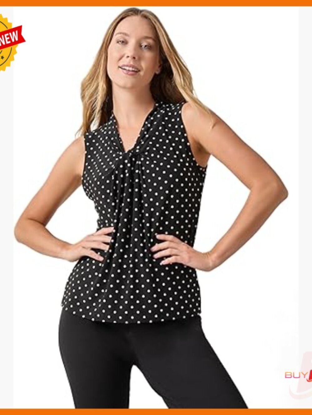 Sleeveless V-Neck Polka Dot Jersey Top, Classic Fit, Polyester Blend